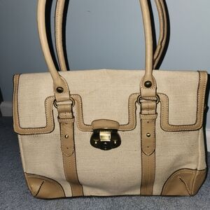 Etienne Aigner Beige Canvas Tote with Tan Trim and Gold Hardware